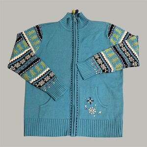 QUAKER FACTORY Large Knit Beaded Embroidered Cardigan Sweater Zipper Grannycore